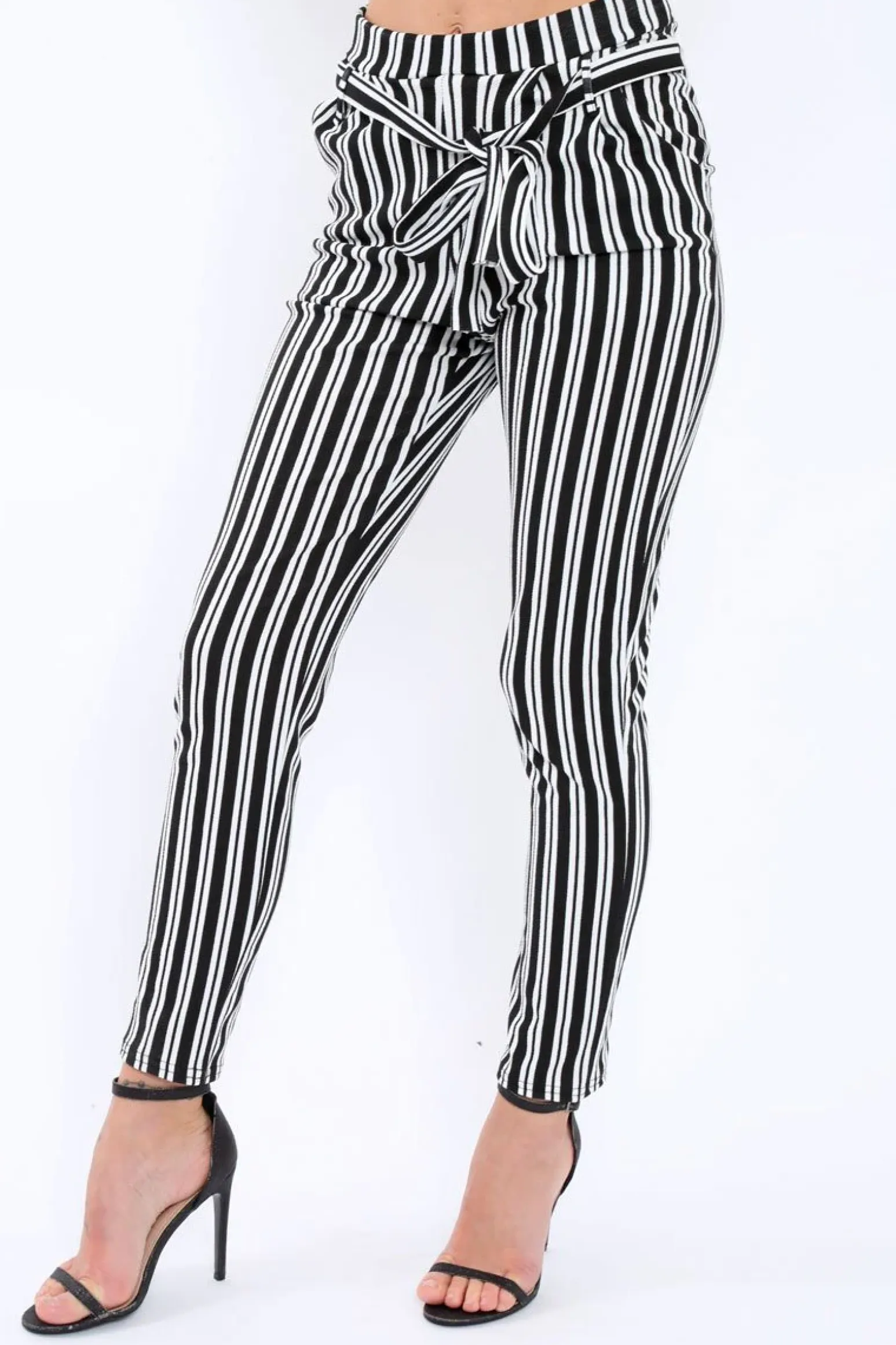 Rebellious Fashion Black Stripe Paper Bag Tie Waist Cigarette Trousers - Shaya
