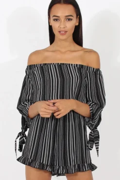 Rebellious Fashion Black Stripe Pattern Bardot Playsuit - Katherine
