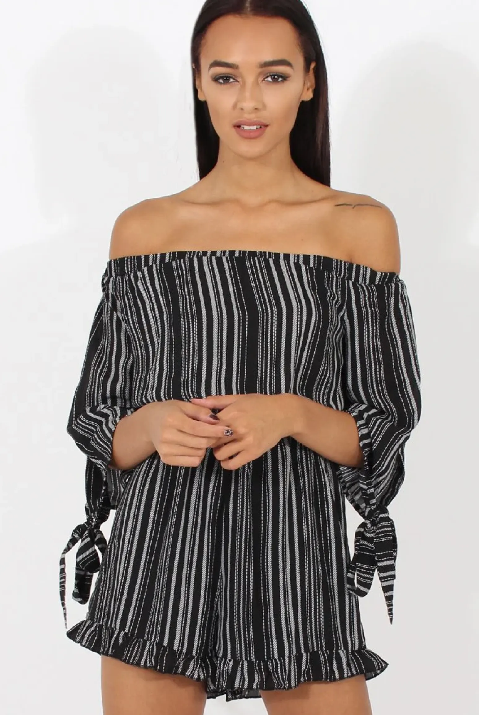 Rebellious Fashion Black Stripe Pattern Bardot Playsuit - Katherine