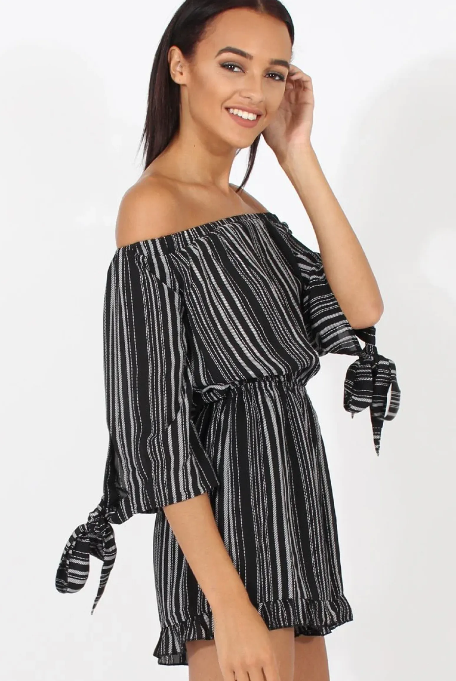 Rebellious Fashion Black Stripe Pattern Bardot Playsuit - Katherine