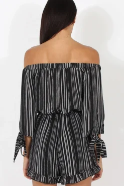 Rebellious Fashion Black Stripe Pattern Bardot Playsuit - Katherine