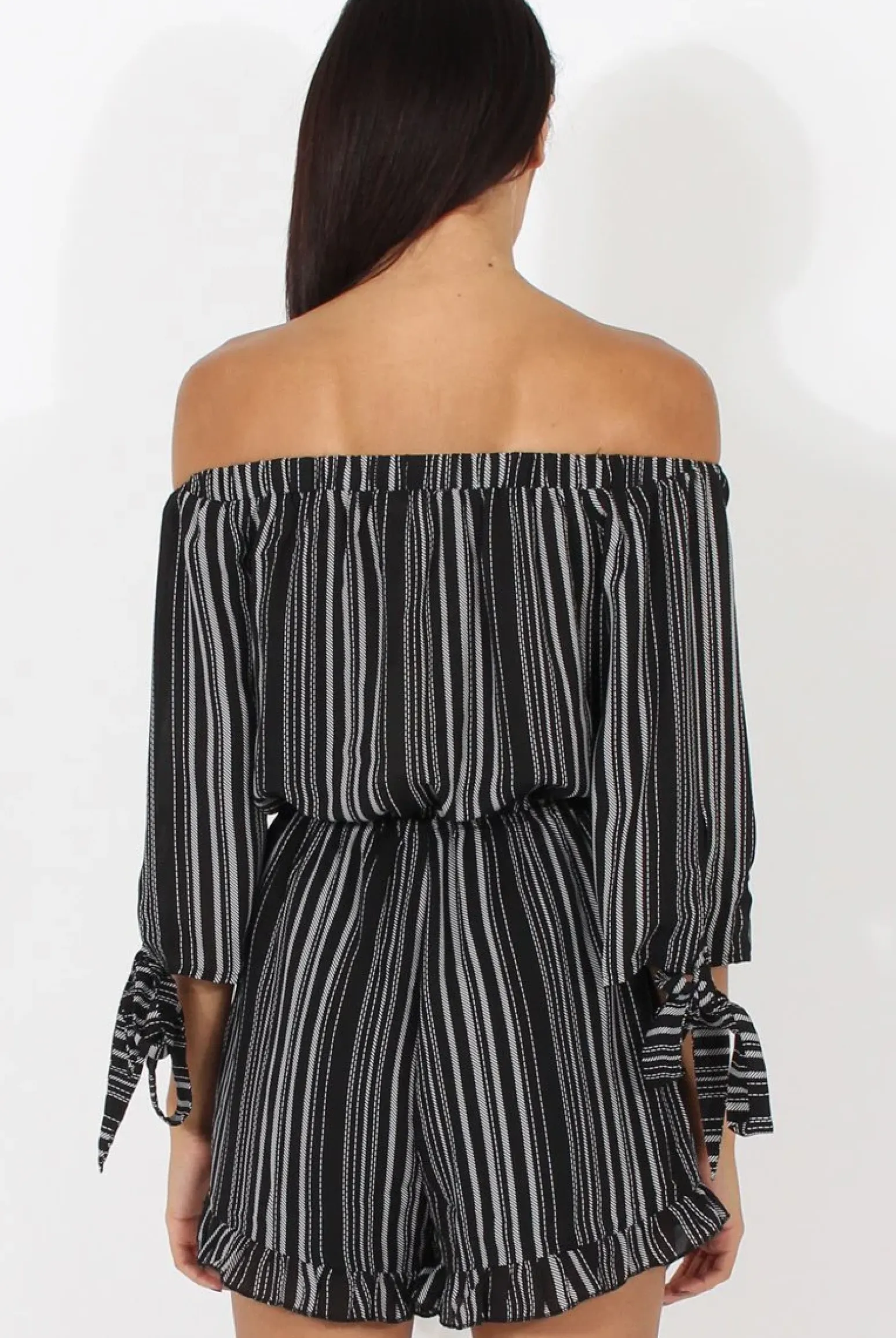 Rebellious Fashion Black Stripe Pattern Bardot Playsuit - Katherine