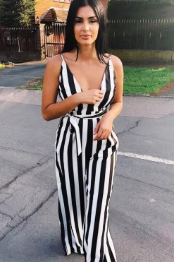 Rebellious Fashion Black Stripe Plunge Jumpsuit - Gwyn