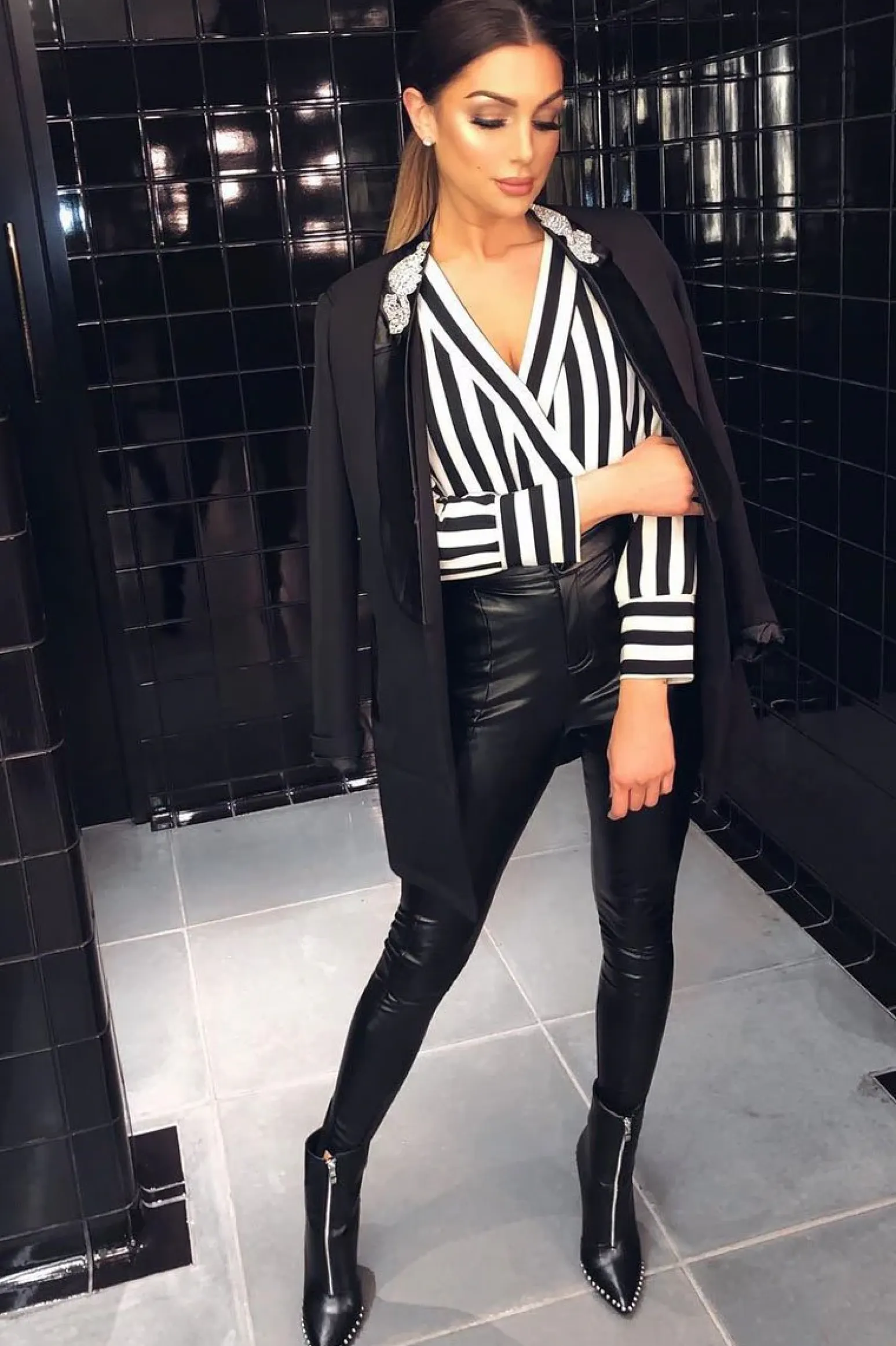 Rebellious Fashion Black Stripe Plunge Satin Bodysuit - North