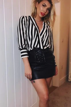 Rebellious Fashion Black Stripe Plunge Satin Bodysuit - North