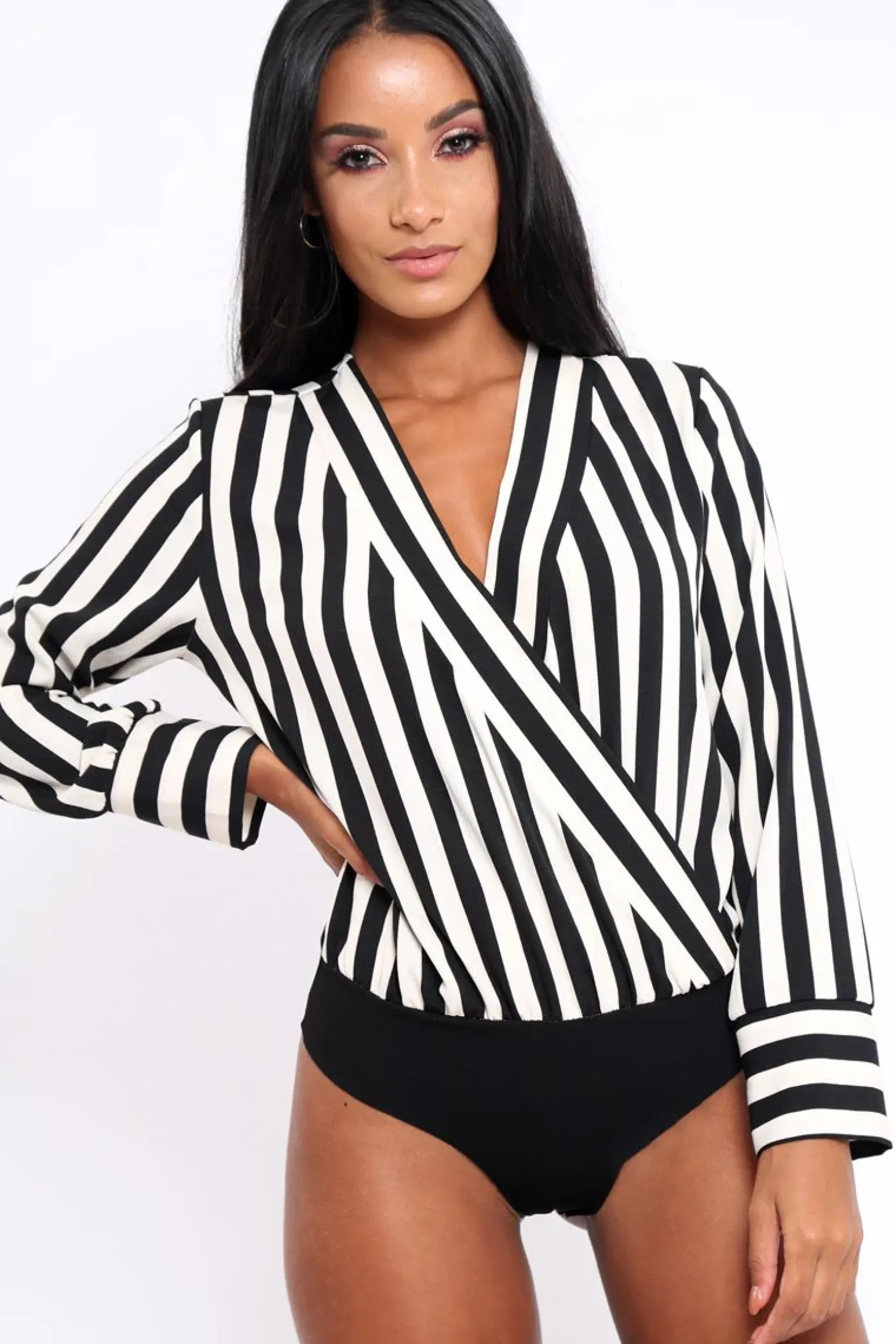 Rebellious Fashion Black Stripe Plunge Satin Bodysuit - North