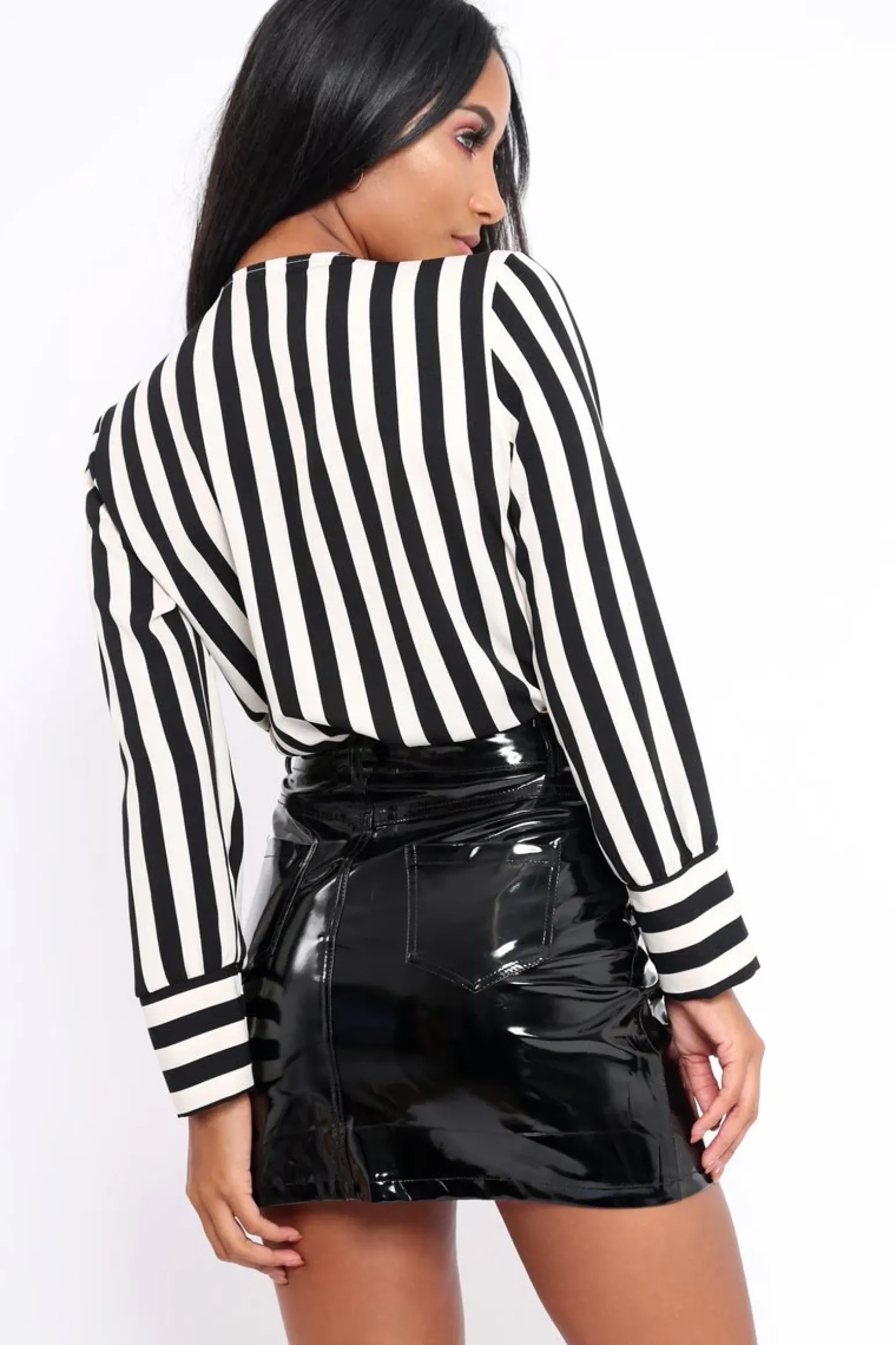 Rebellious Fashion Black Stripe Plunge Satin Bodysuit - North