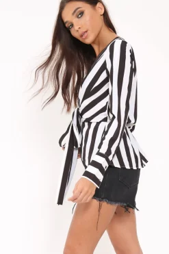 Rebellious Fashion Black Stripe Plunge Tie Front Shirt - Halina
