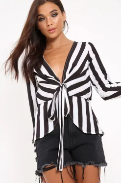 Rebellious Fashion Black Stripe Plunge Tie Front Shirt - Halina