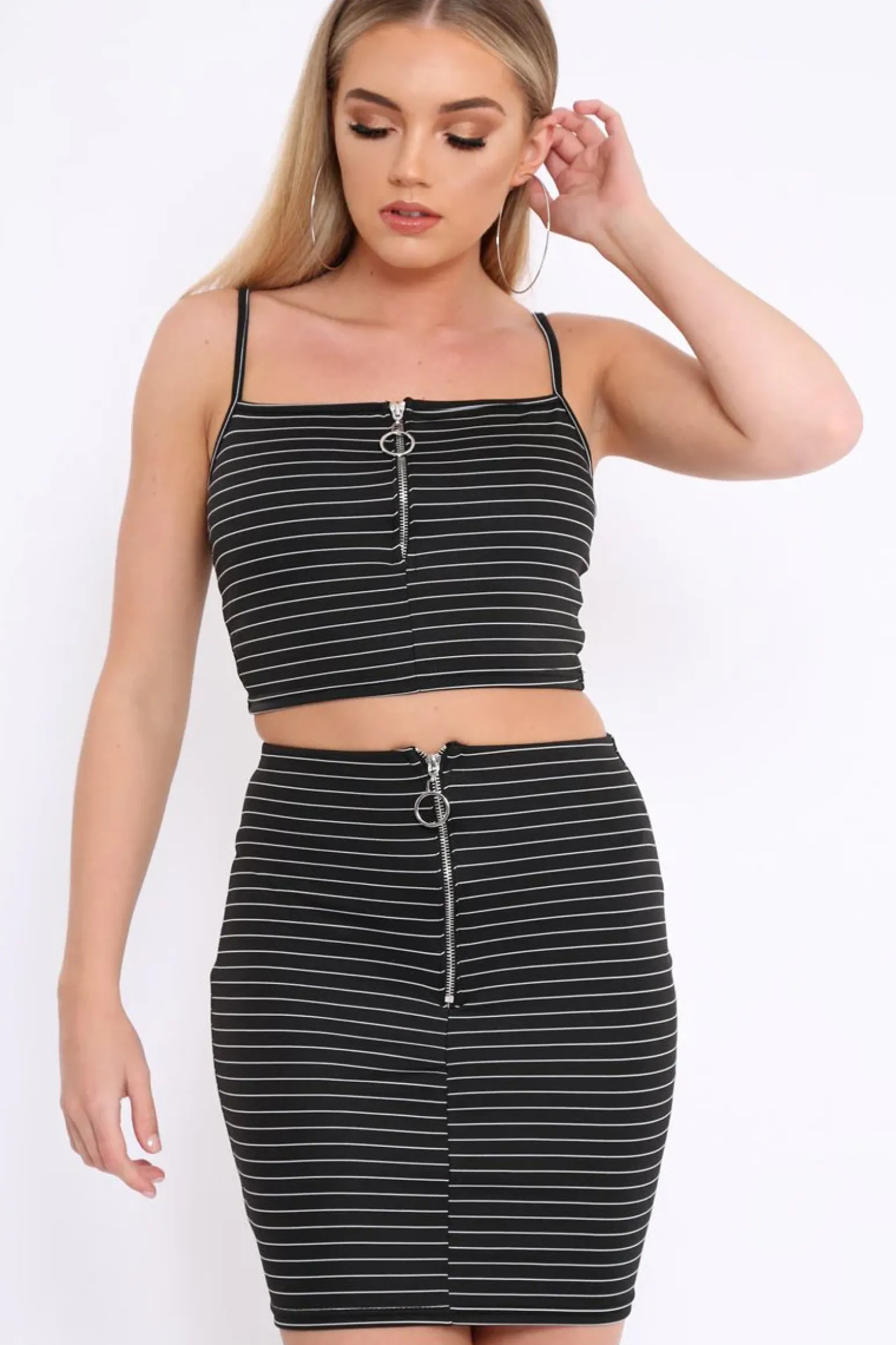Rebellious Fashion Black Stripe Ring Zip Front Mini Skirt And Bralet - Rosi