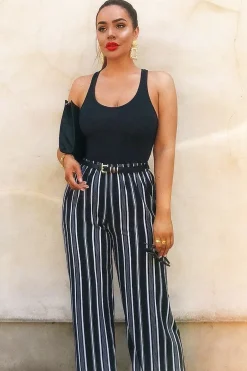 Rebellious Fashion Black Stripe Wide Leg Beaded Tie Trousers - Haylie