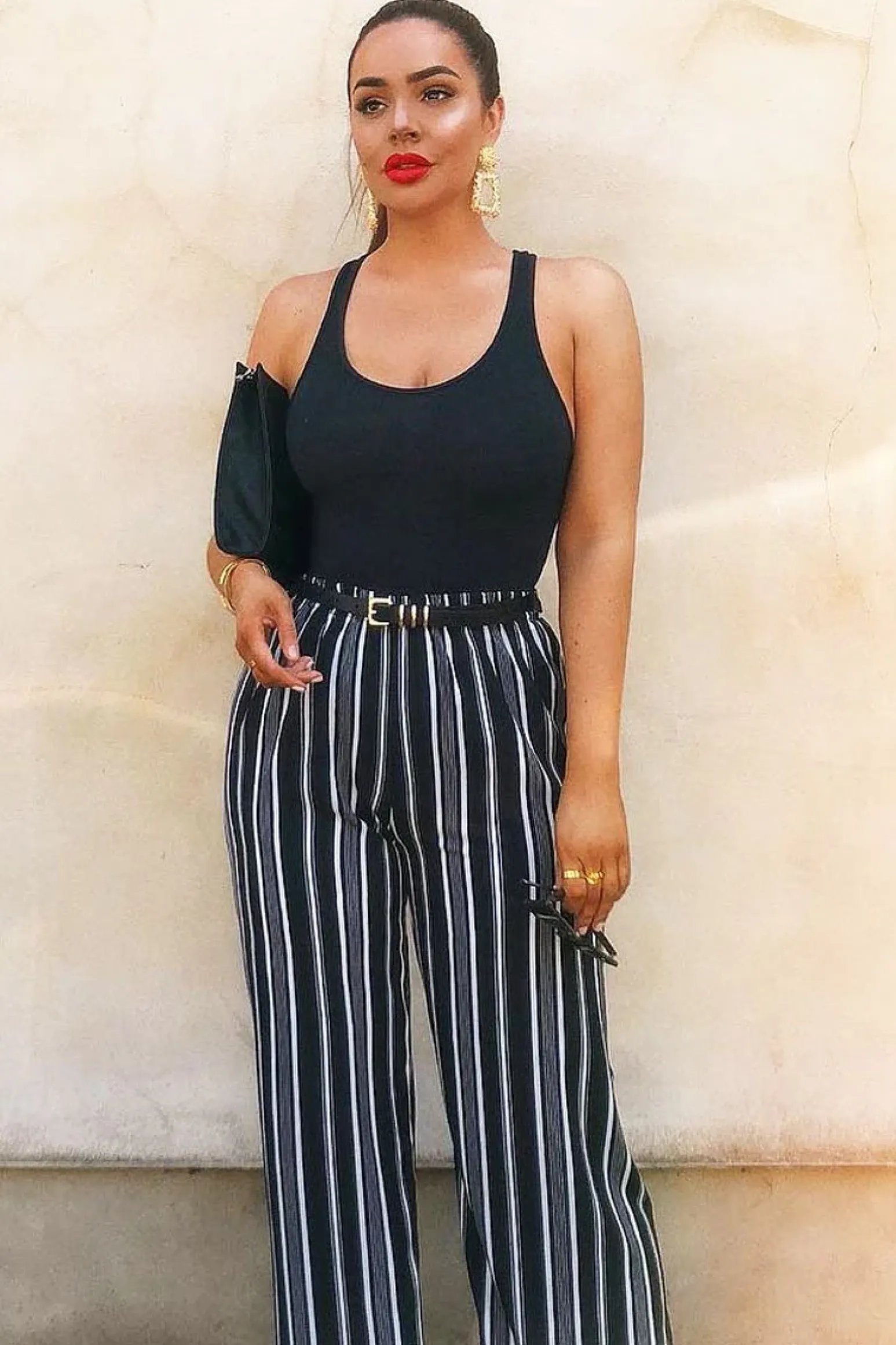 Rebellious Fashion Black Stripe Wide Leg Beaded Tie Trousers - Haylie
