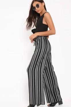 Rebellious Fashion Black Stripe Wide Leg Beaded Tie Trousers - Haylie