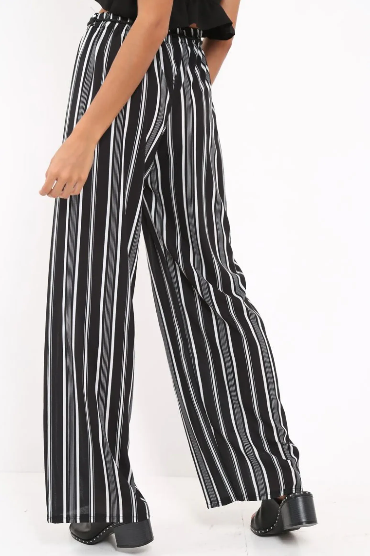 Rebellious Fashion Black Stripe Wide Leg Beaded Tie Trousers - Haylie