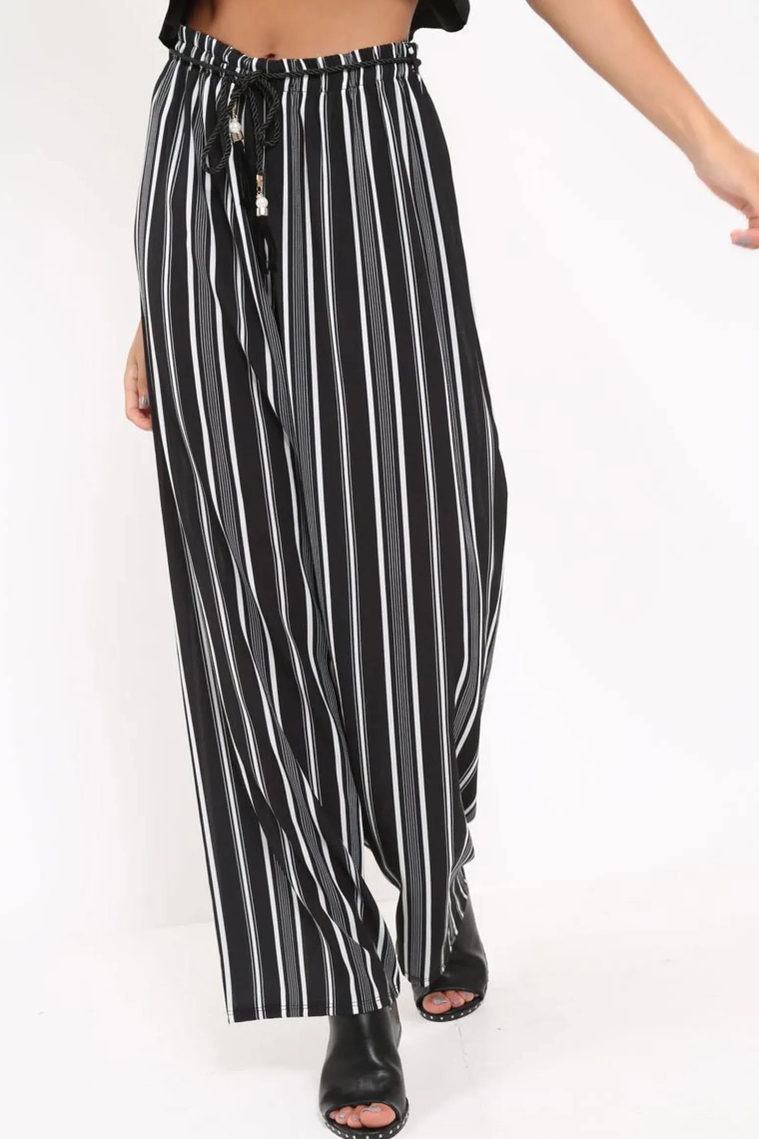 Rebellious Fashion Black Stripe Wide Leg Beaded Tie Trousers - Haylie