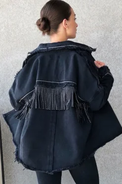 Rebellious Fashion Black Studded Fringe Detail Distressed Denim Jacket - Carli