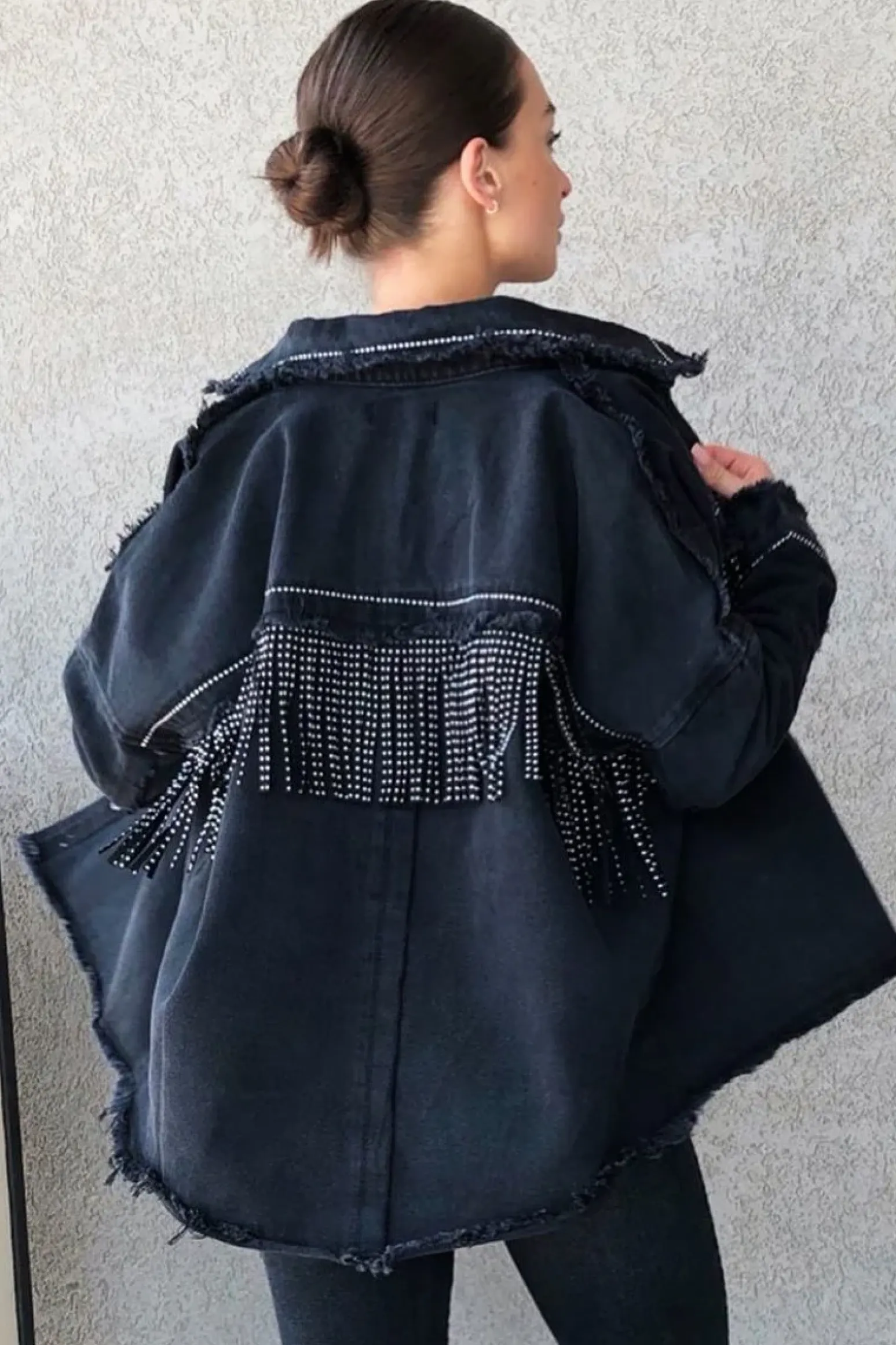 Rebellious Fashion Black Studded Fringe Detail Distressed Denim Jacket - Carli