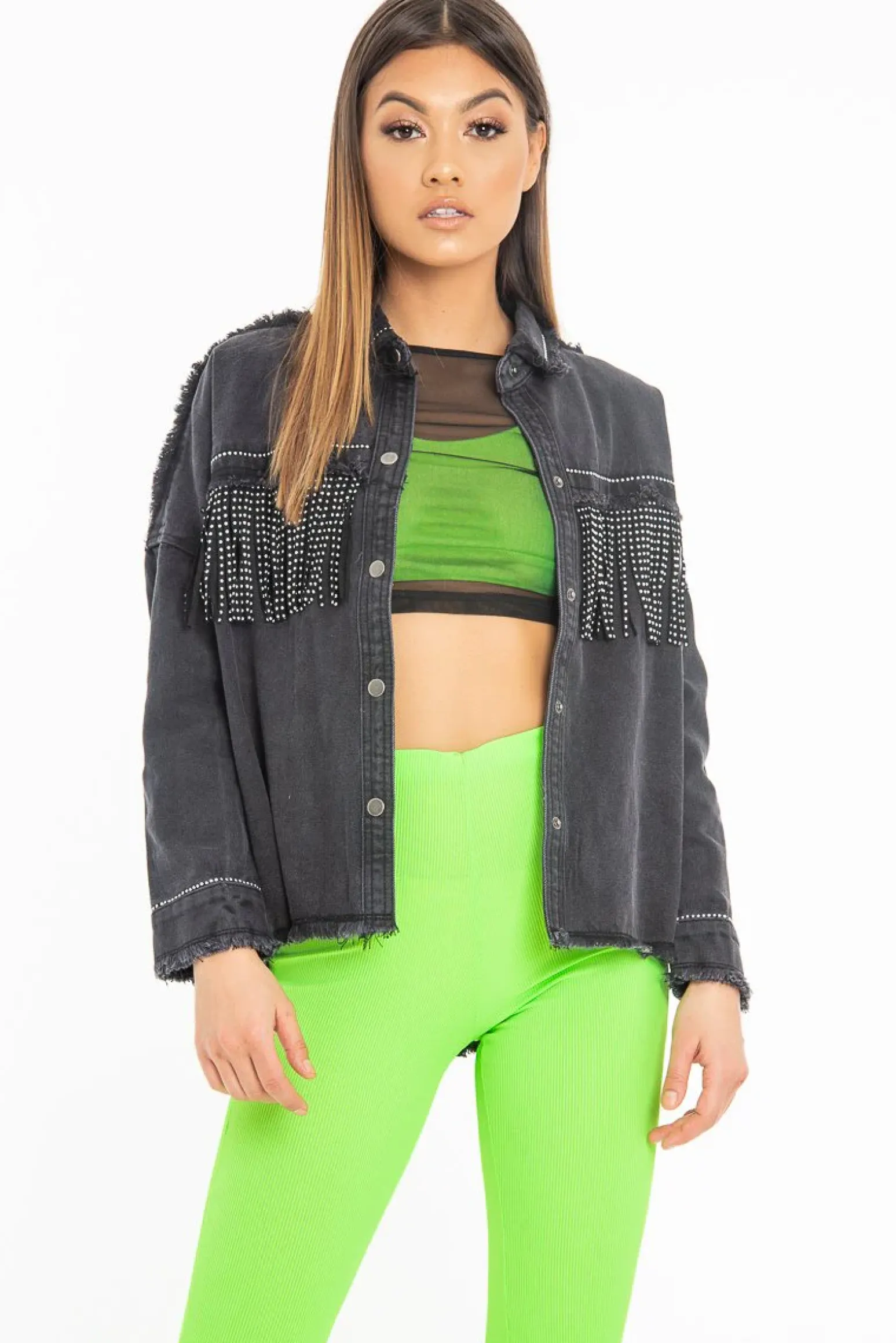 Rebellious Fashion Black Studded Fringe Detail Distressed Denim Jacket - Carli