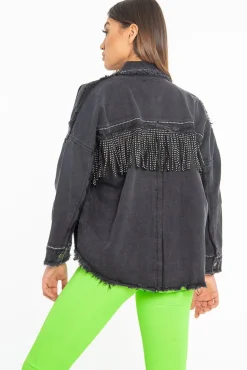 Rebellious Fashion Black Studded Fringe Detail Distressed Denim Jacket - Carli