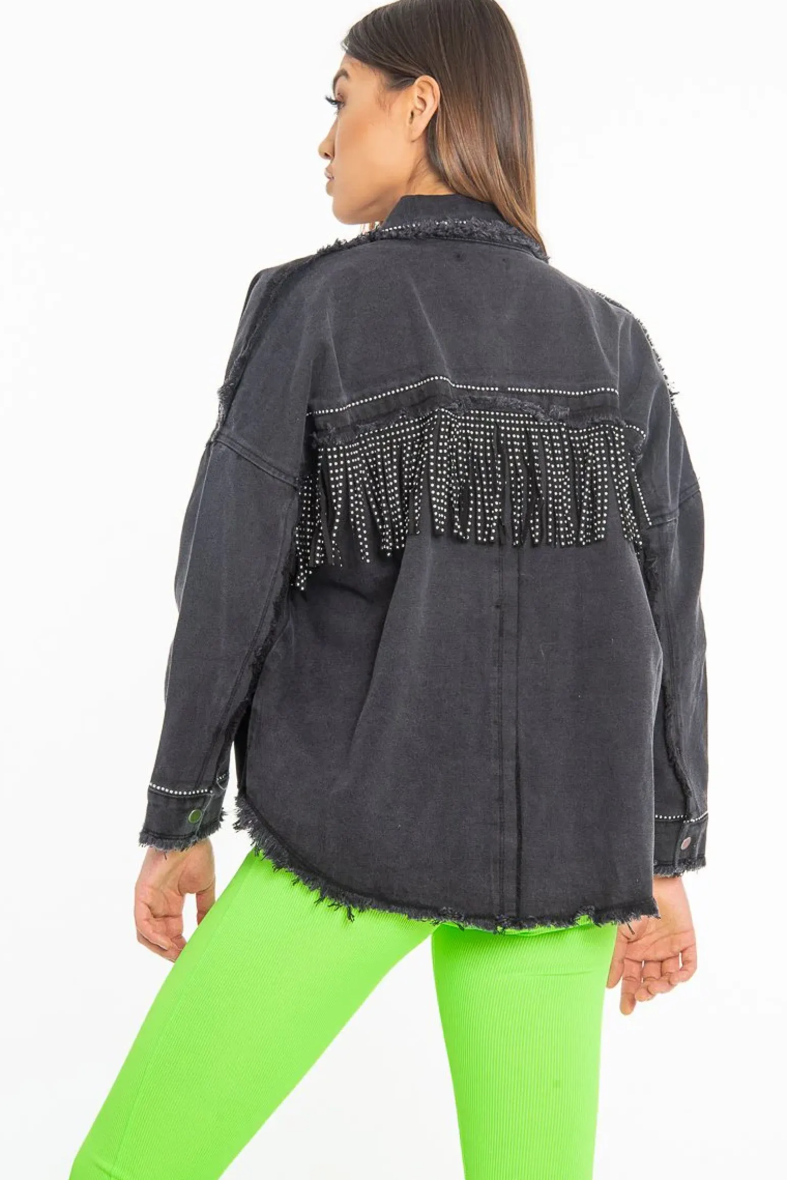 Rebellious Fashion Black Studded Fringe Detail Distressed Denim Jacket - Carli