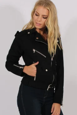 Rebellious Fashion Black Suede Belted Biker Jacket - Marcy