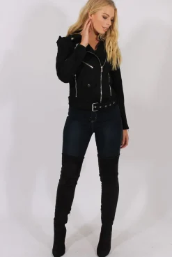 Rebellious Fashion Black Suede Belted Biker Jacket - Marcy