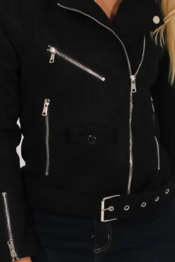 Rebellious Fashion Black Suede Belted Biker Jacket - Marcy