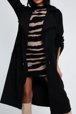 Rebellious Fashion Black Suede Relaxed Tie Waist Trench Coat - Rora