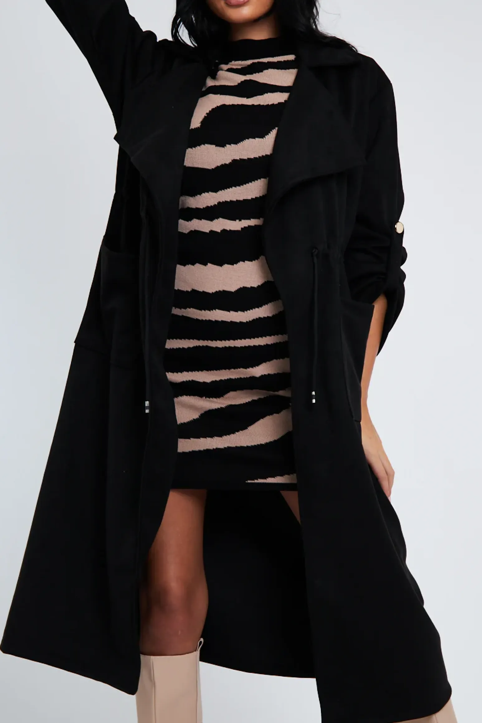 Rebellious Fashion Black Suede Relaxed Tie Waist Trench Coat - Rora