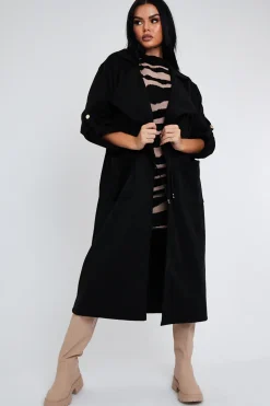 Rebellious Fashion Black Suede Relaxed Tie Waist Trench Coat - Rora