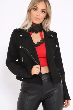 Rebellious Fashion Black Suedette Biker Jacket - Rachel