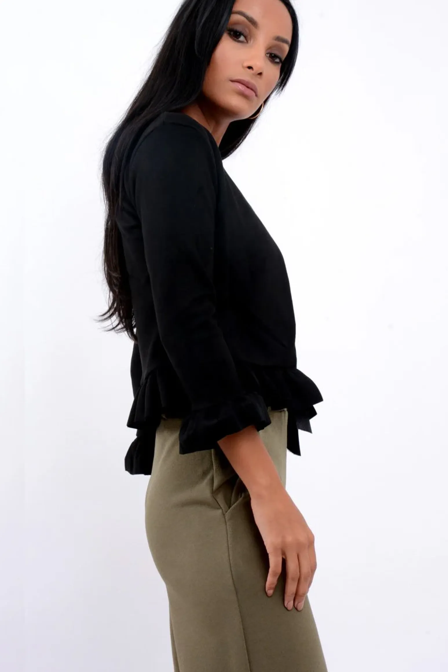 Rebellious Fashion Black Suedette Frill Hems Jacket - Elsa