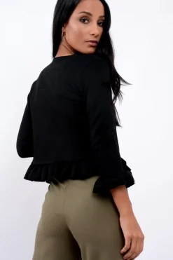 Rebellious Fashion Black Suedette Frill Hems Jacket - Elsa