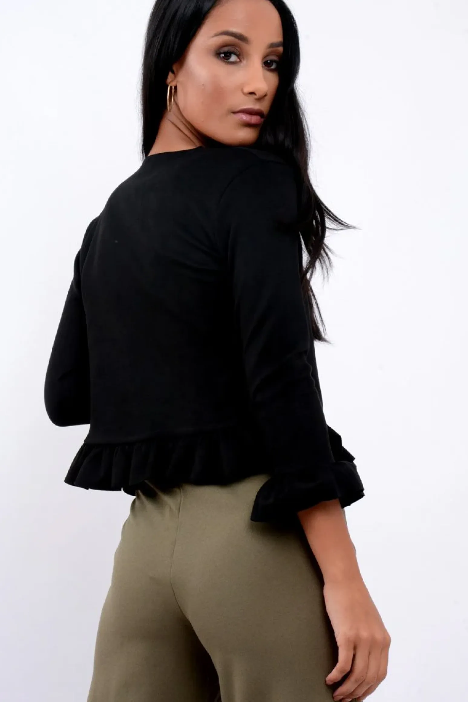 Rebellious Fashion Black Suedette Frill Hems Jacket - Elsa