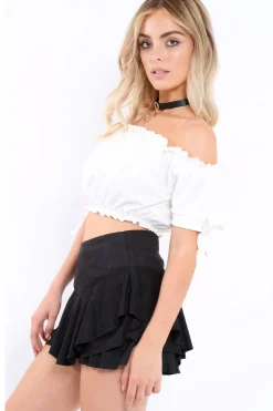 Rebellious Fashion Black Suedette Frill High Waisted Shorts - Claudelle