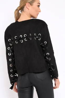 Rebellious Fashion Black Suedette Lace Back Jacket - Karey