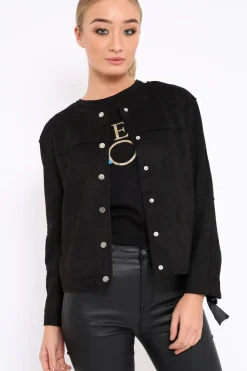 Rebellious Fashion Black Suedette Lace Back Jacket - Karey