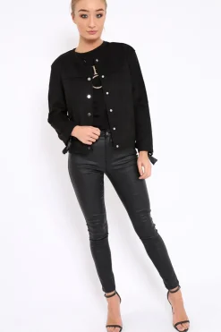 Rebellious Fashion Black Suedette Lace Back Jacket - Karey