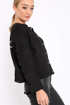 Rebellious Fashion Black Suedette Lace Back Jacket - Karey