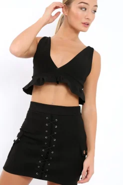 Rebellious Fashion Black Suedette Lace Up Skirt - Ressie