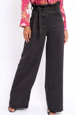 Rebellious Fashion Black Suedette Paper Bag Tie Waist Wide Leg Trousers - Kennedy