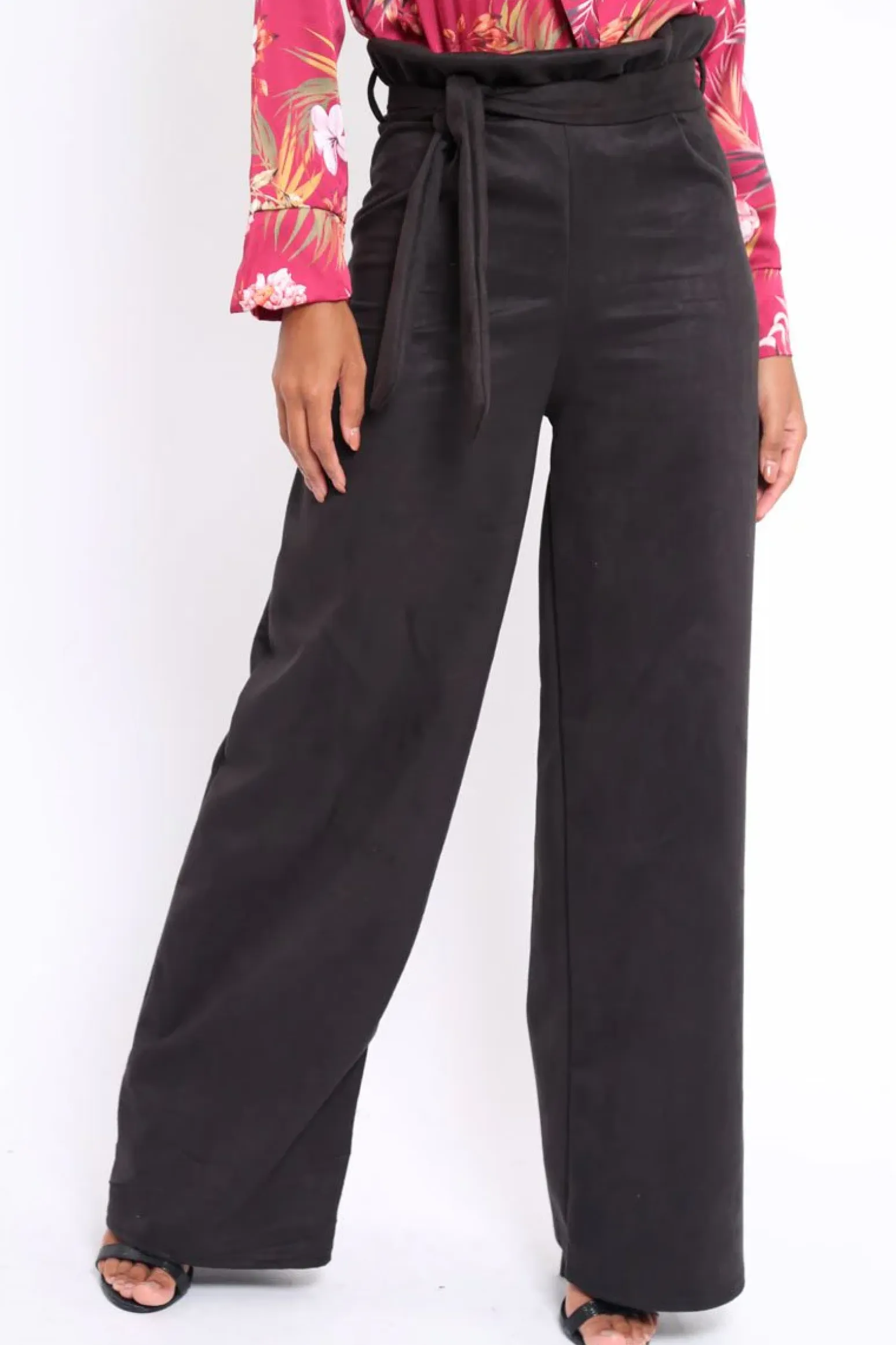 Rebellious Fashion Black Suedette Paper Bag Tie Waist Wide Leg Trousers - Kennedy