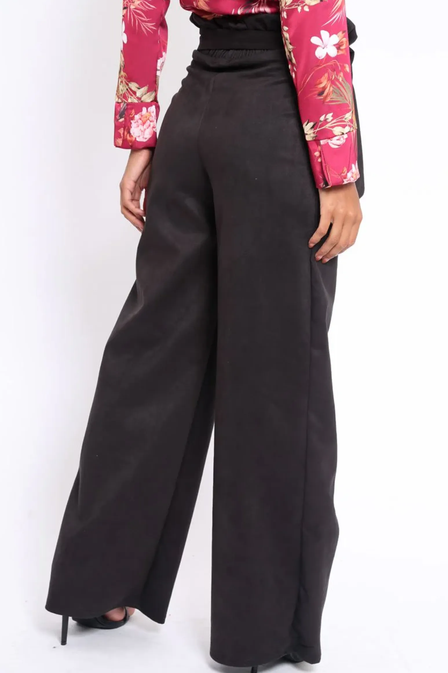 Rebellious Fashion Black Suedette Paper Bag Tie Waist Wide Leg Trousers - Kennedy