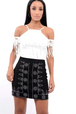 Rebellious Fashion Black Suedette Skirt with Embroidered Detailing - Marie