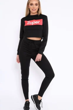 Rebellious Fashion Black Super Red Slogan Crop Jumper And Joggers Loungerwear Set - olita