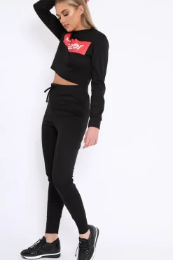 Rebellious Fashion Black Super Red Slogan Crop Jumper And Joggers Loungerwear Set - olita