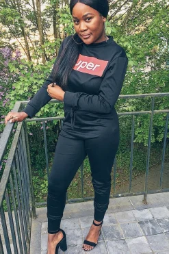 Rebellious Fashion Black Super Red Slogan Crop Jumper And Joggers Loungerwear Set - olita