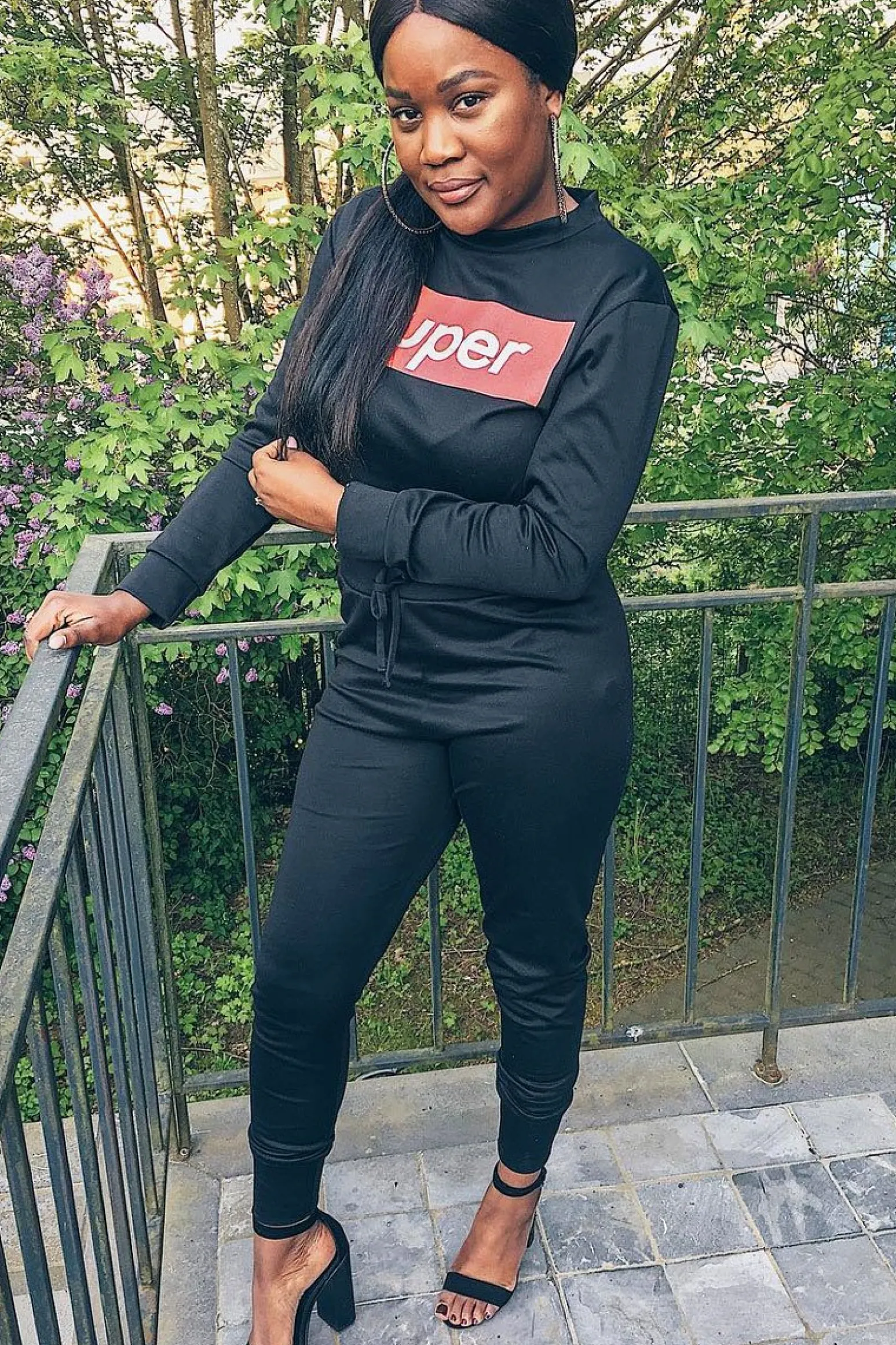 Rebellious Fashion Black Super Red Slogan Crop Jumper And Joggers Loungerwear Set - olita