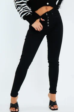Rebellious Fashion Black Super Stretch Button Front Skinny Jeans - Jady