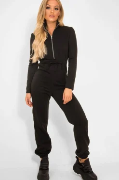 Rebellious Fashion Black Sweat Drawstring Waist Jumpsuit - Darrah